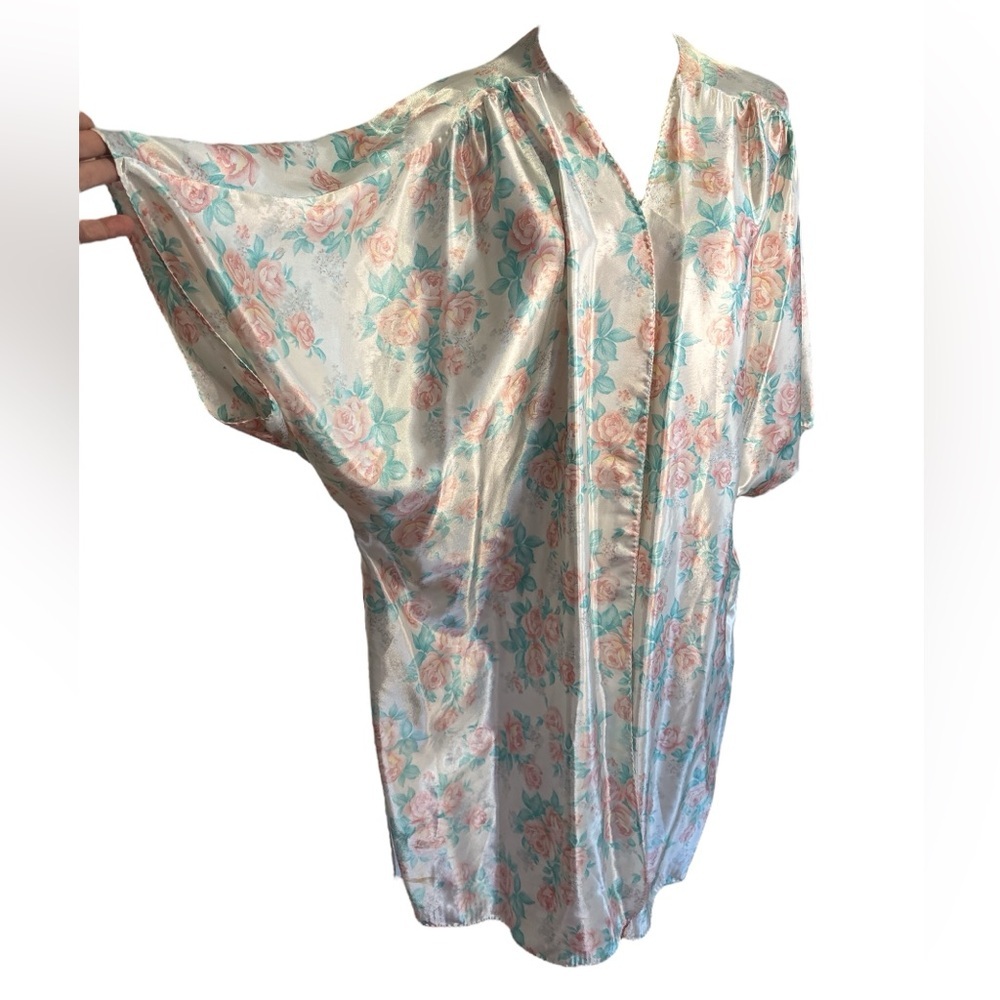 90s SATIN PINK & BLUE FLORAL KIMONO ROBE WAIST TIE KNEE LENGTH LOUNGEWEAR SZ XL
